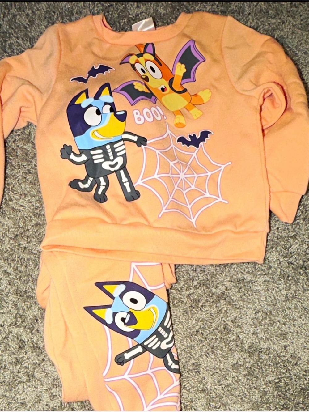 Kids' Halloween Matching Set in Peach Orange with Playful Skeleton Pup
